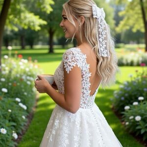 Elegant White Embroidered Lace Hair Bow clip . Handmade and NWOT